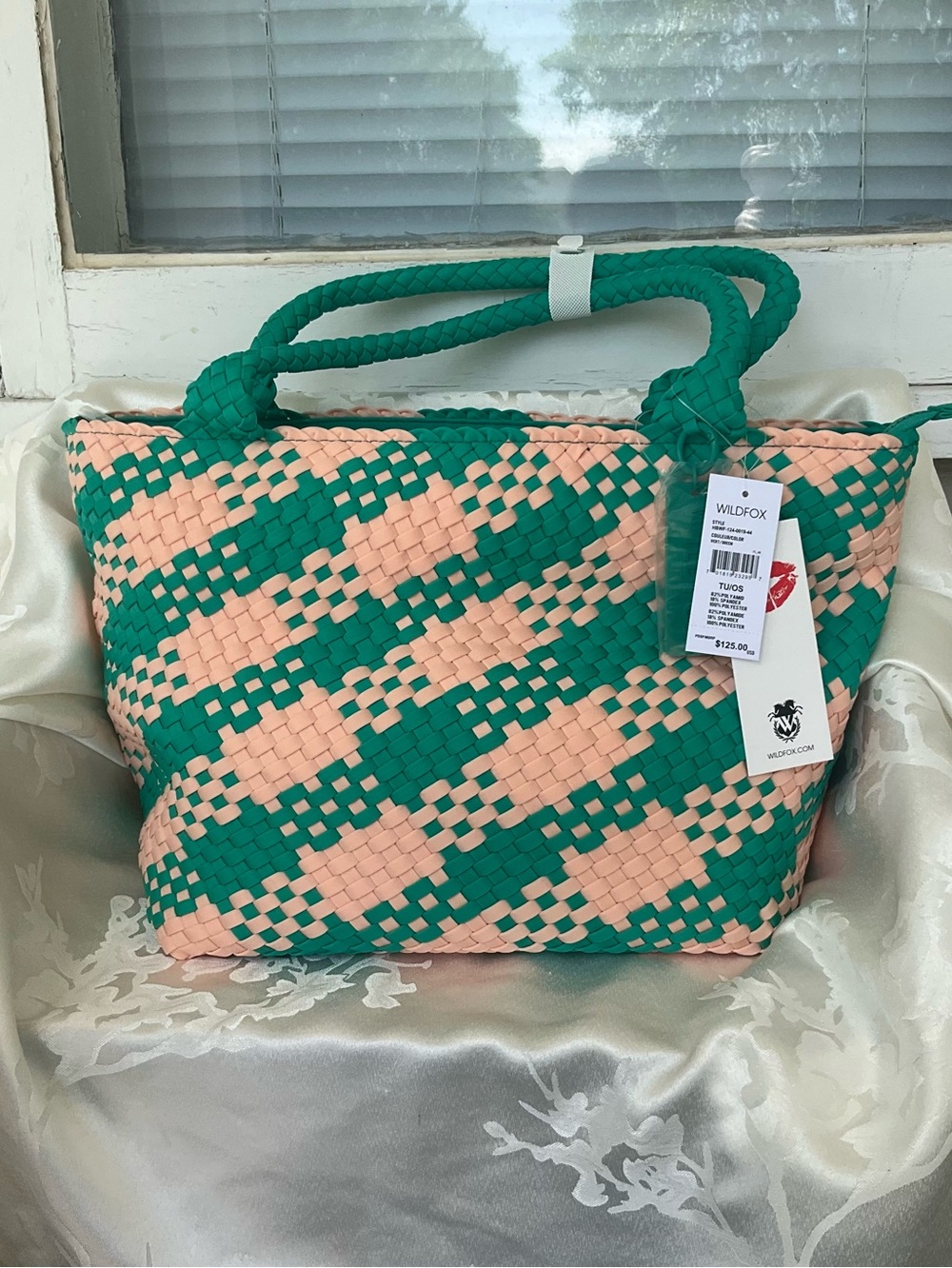 Wildfox Large Emerald Green Peach Neoprene Woven Double Handle Tote Bag NWT